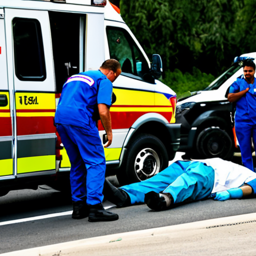 Emergency Response Scene**

"Emergency medical personnel attending to injured individuals at an accident site, fully clothed in appropriate uniforms, ambulance in the background, safe for work, perfect anatomy, correct proportions, family-friendly, professional, high-quality photography, realistic lighting, detailed environment, appropriate content."

**