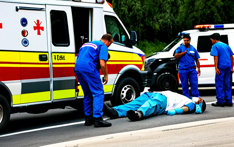 Emergency Response Scene**

"Emergency medical personnel attending to injured individuals at an accident site, fully clothed in appropriate uniforms, ambulance in the background, safe for work, perfect anatomy, correct proportions, family-friendly, professional, high-quality photography, realistic lighting, detailed environment, appropriate content."

**