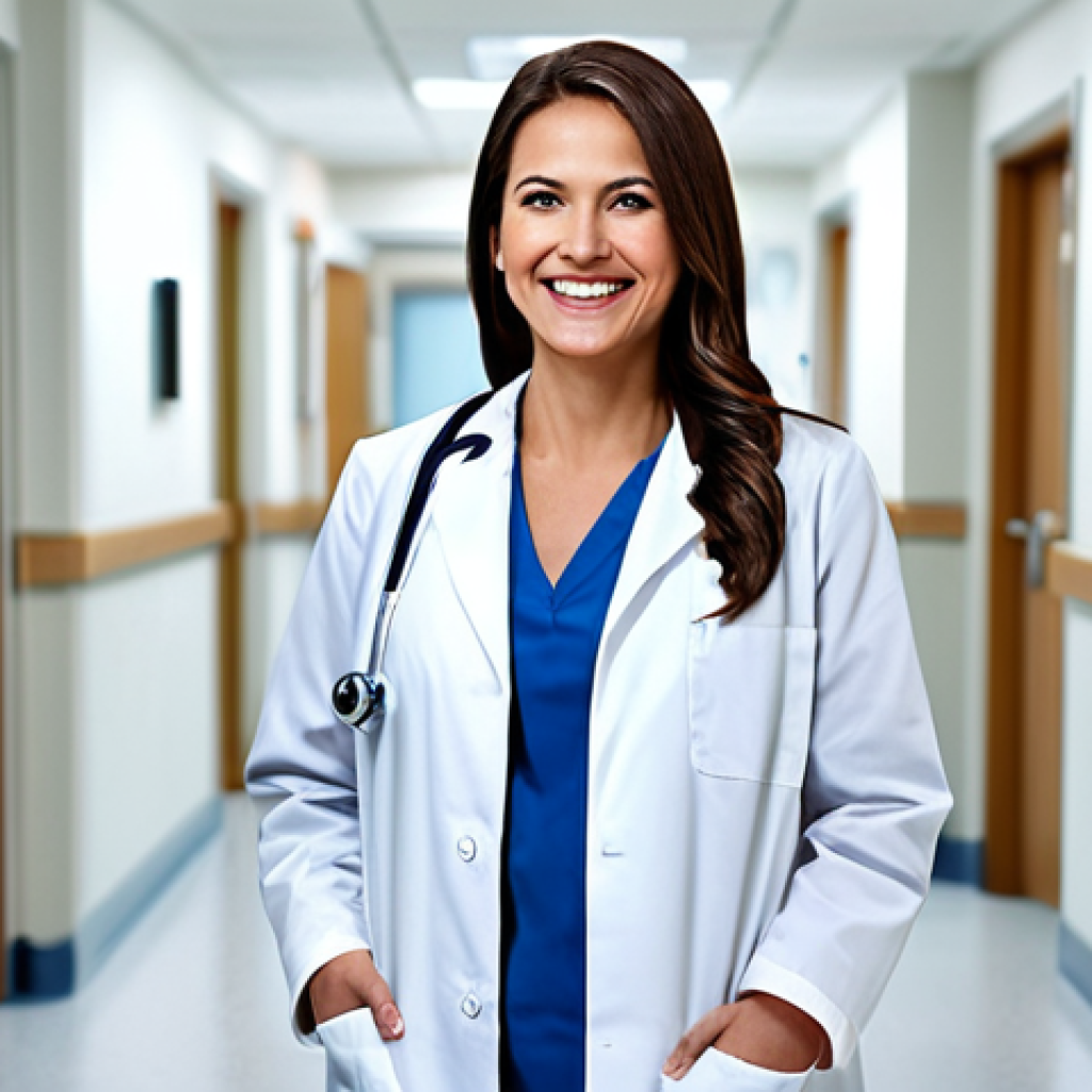 **

A professional female doctor in a fully clothed, modest lab coat, standing in a bright and clean hospital hallway. She is smiling gently. Appropriate attire, safe for work. Perfect anatomy, correct proportions, well-formed hands, natural pose, family-friendly. High-resolution, professional photography, realistic lighting.

**