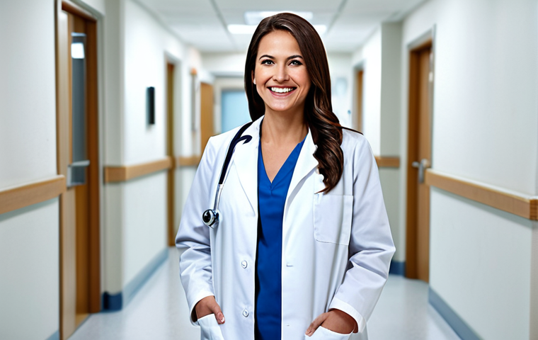 **

A professional female doctor in a fully clothed, modest lab coat, standing in a bright and clean hospital hallway. She is smiling gently. Appropriate attire, safe for work. Perfect anatomy, correct proportions, well-formed hands, natural pose, family-friendly. High-resolution, professional photography, realistic lighting.

**