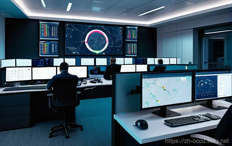 응급구조사와 AI 기술 - **Prompt:** A bustling, modern emergency call center with several dispatchers wearing headsets, inte...