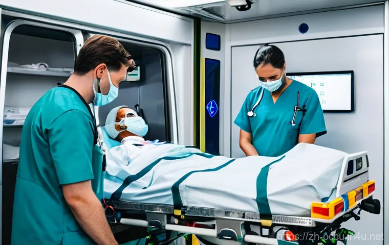 응급구조사와 AI 기술 - **Prompt:** A bustling, modern emergency call center with several dispatchers wearing headsets, inte...