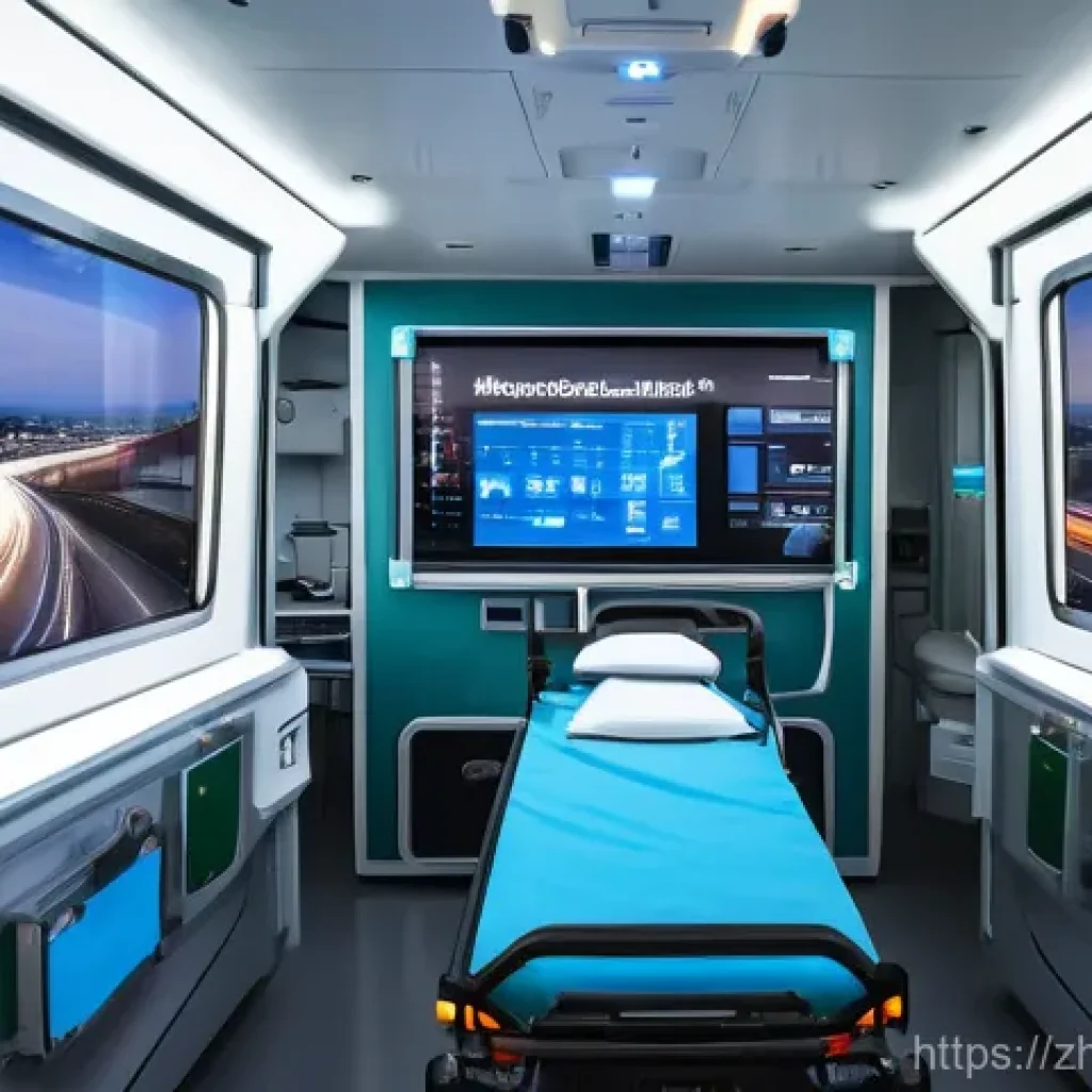 응급구조사와 장비 최신 기술 - **Mobile Life Cabin: 5G Ambulance in Action**
    A sleek, modern 5G-enabled ambulance interior. Two...