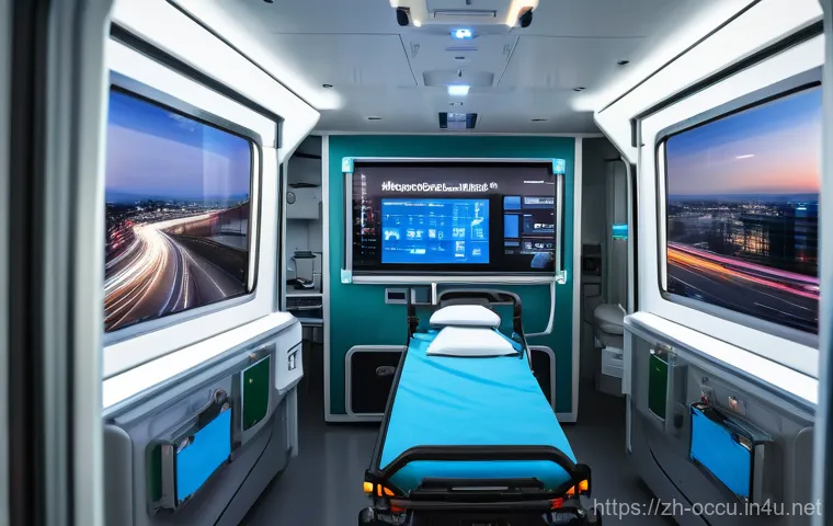 응급구조사와 장비 최신 기술 - **Mobile Life Cabin: 5G Ambulance in Action**
    A sleek, modern 5G-enabled ambulance interior. Two...
