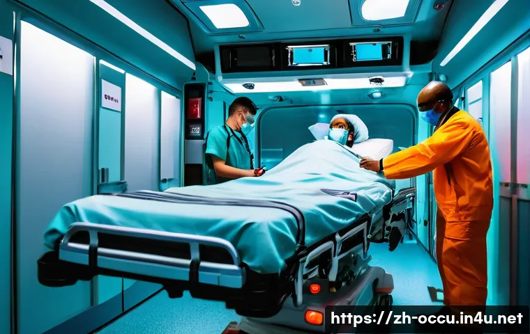 응급구조사 근무환경 - **Inside a Modern Ambulance:** "A brightly lit interior of a state-of-the-art ambulance. Medical equ...