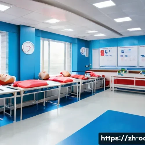 응급구조사 전문 교육 과정 - A detailed scene of a modern first aid training classroom in China, featuring a diverse group of adu...