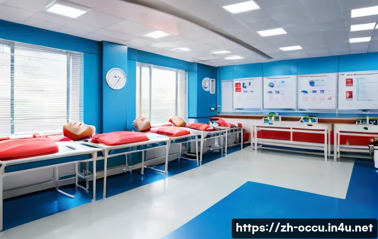 응급구조사 전문 교육 과정 - A detailed scene of a modern first aid training classroom in China, featuring a diverse group of adu...
