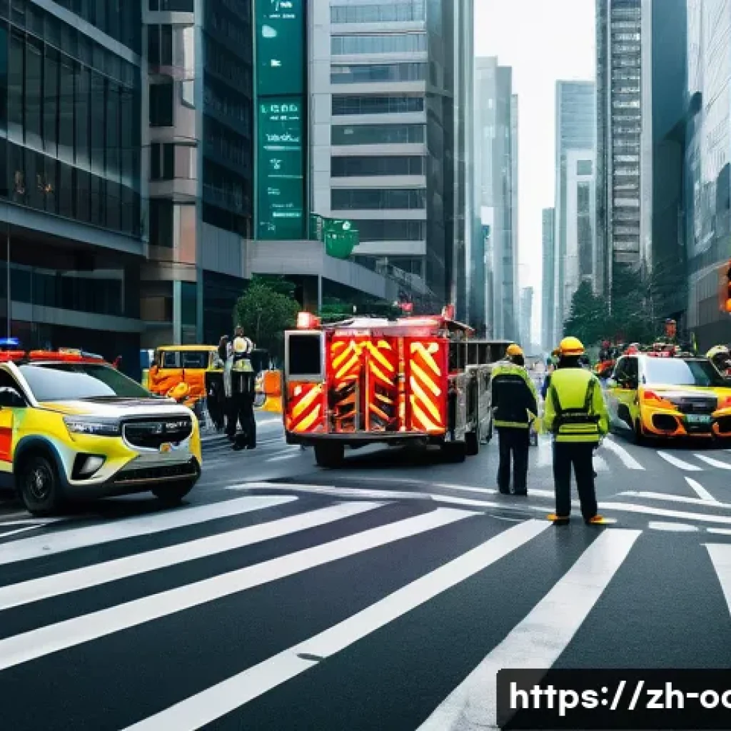 응급구조사와 협동 구조 사례 - A dynamic urban emergency rescue scene at a busy city intersection during rush hour, featuring param...