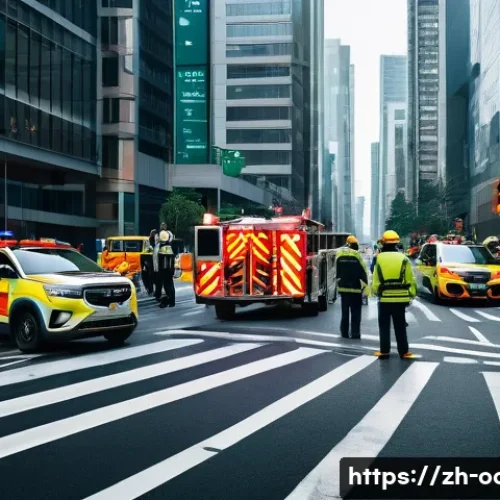 응급구조사와 협동 구조 사례 - A dynamic urban emergency rescue scene at a busy city intersection during rush hour, featuring param...