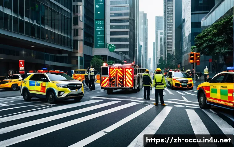 응급구조사와 협동 구조 사례 - A dynamic urban emergency rescue scene at a busy city intersection during rush hour, featuring param...
