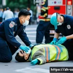 응급구조사와 법적 책임 - A professional emergency medical technician (EMT) in uniform with a visible badge, wearing gloves an...