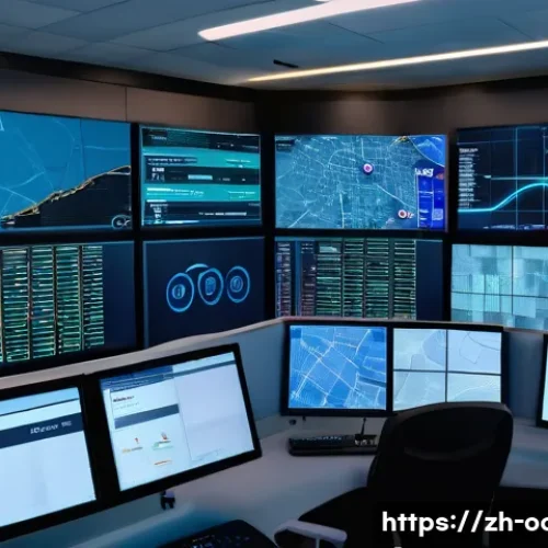 응급구조사 응급호출 시스템 - A high-tech emergency dispatch control room scene showing multiple large digital screens displaying ...