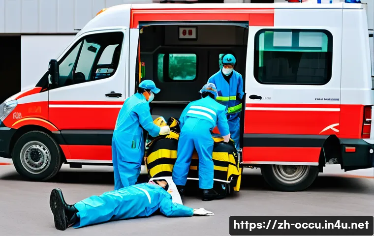 응급구조사와 출동 간 신속 대처법 - A highly detailed scene of a professional emergency medical team conducting a rapid patient assessme...