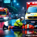 응급구조사 직무 소개 동영상 제작 - A highly detailed scene of emergency medical responders at a rainy nighttime traffic accident site i...