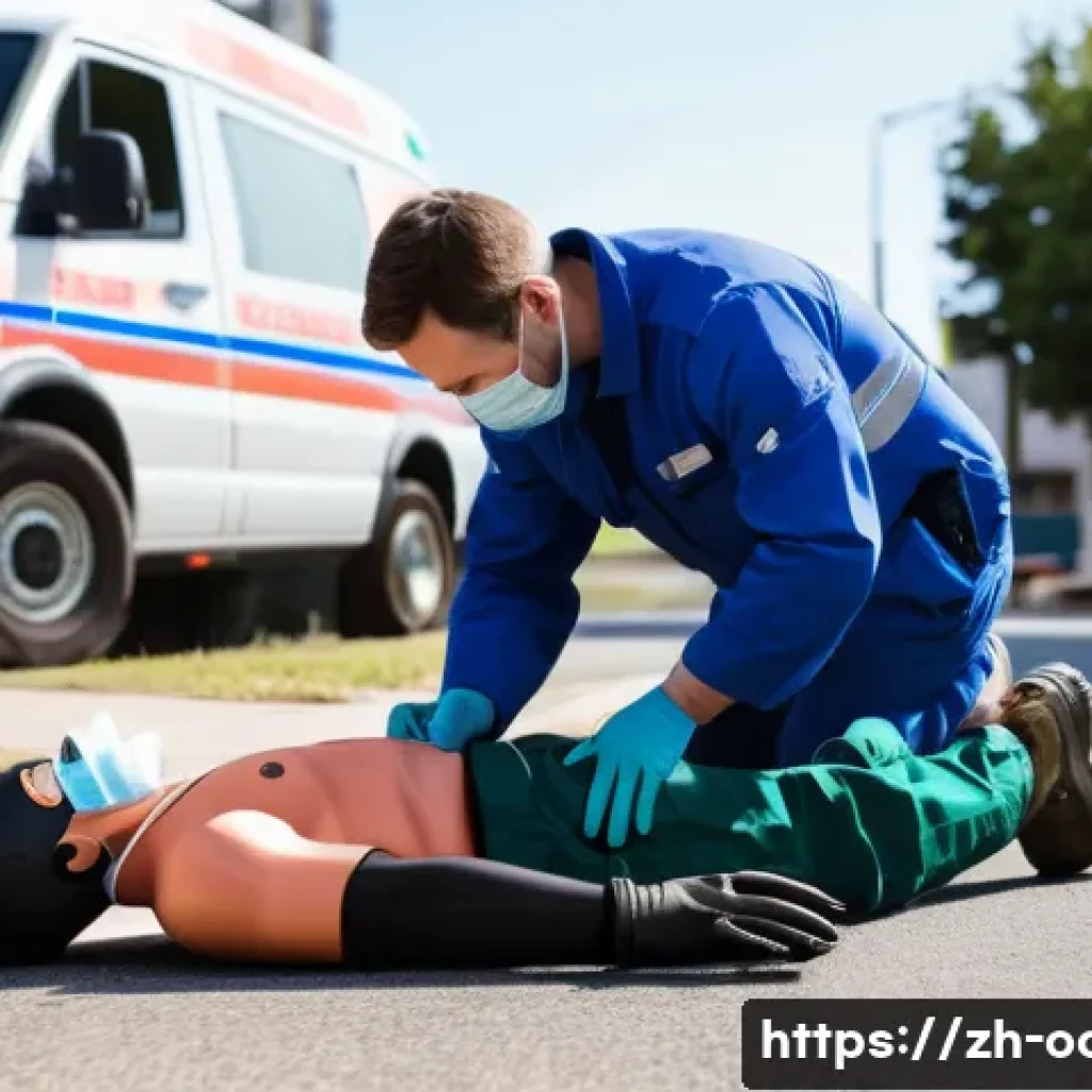 응급구조사와 전문 응급처치 방법 - A detailed emergency rescue scene showing a trained first responder performing high-quality CPR on a...