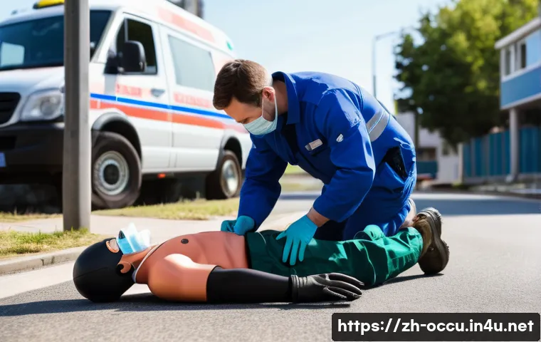 응급구조사와 전문 응급처치 방법 - A detailed emergency rescue scene showing a trained first responder performing high-quality CPR on a...