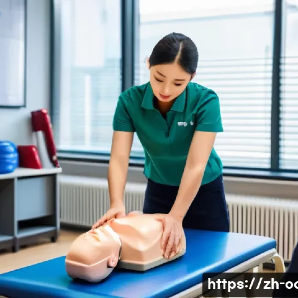 응급구조사 CPR 실습 - A detailed scene of a professional CPR training session in a modern classroom setting, focusing on a...