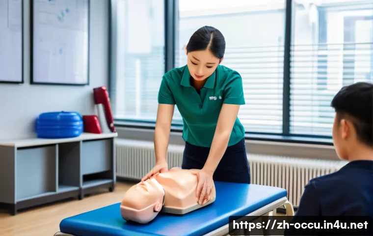 응급구조사 CPR 실습 - A detailed scene of a professional CPR training session in a modern classroom setting, focusing on a...