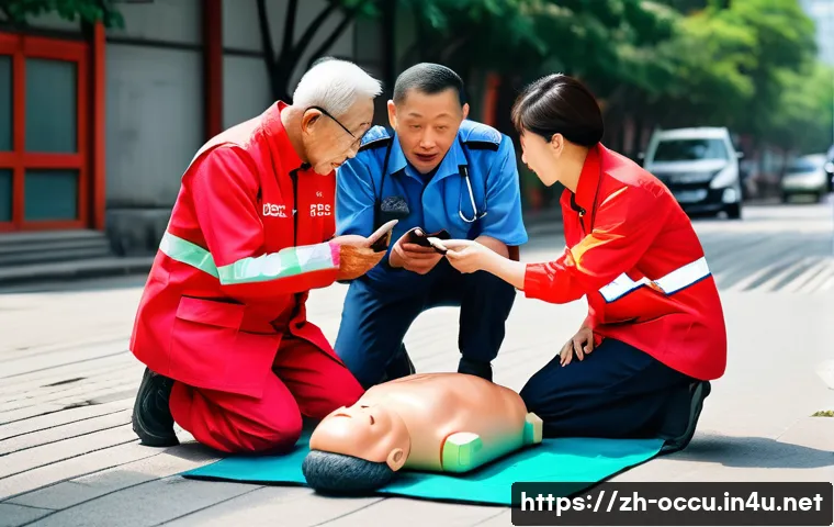 응급구조사와 다문화 출동 사례 - A detailed scene of a multicultural emergency medical team providing first aid to an elderly man who...