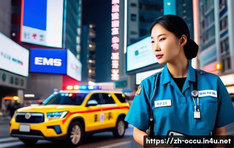 응급구조사 직업 전망 - A highly detailed scene showing a modern emergency medical technician (EMT) at a bustling urban acci...