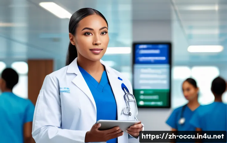 응급구조사 해외 취업 가이드 - A professional emergency medical technician (EMT) in a modern multicultural hospital setting, wearin...