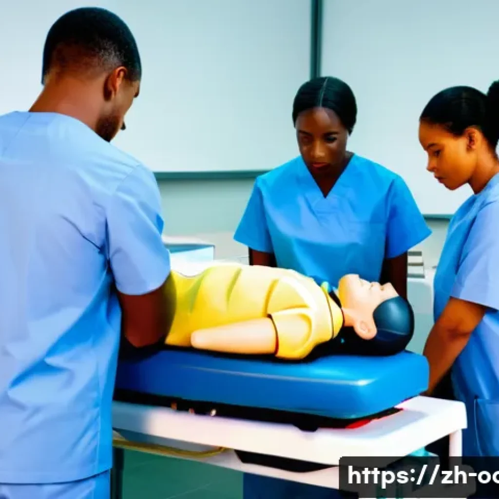 응급구조사 실무 교육 - A detailed scene of a professional emergency medical training session focusing on CPR practice: a di...
