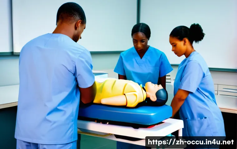 응급구조사 실무 교육 - A detailed scene of a professional emergency medical training session focusing on CPR practice: a di...