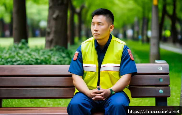 응급구조사와 워라밸 유지 - A dedicated paramedic taking a mindful break outdoors during a busy shift, practicing deep breathing...