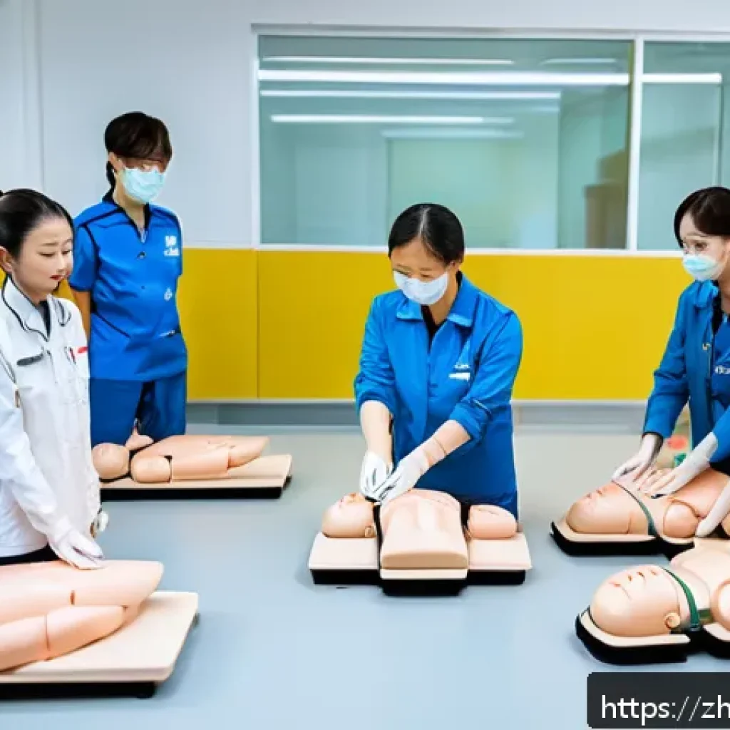 응급구조사 교육기관 추천 - A professional first aid training classroom scene in a modern training center in China, featuring di...