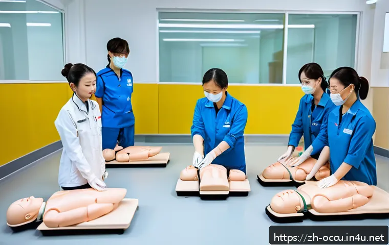 응급구조사 교육기관 추천 - A professional first aid training classroom scene in a modern training center in China, featuring di...
