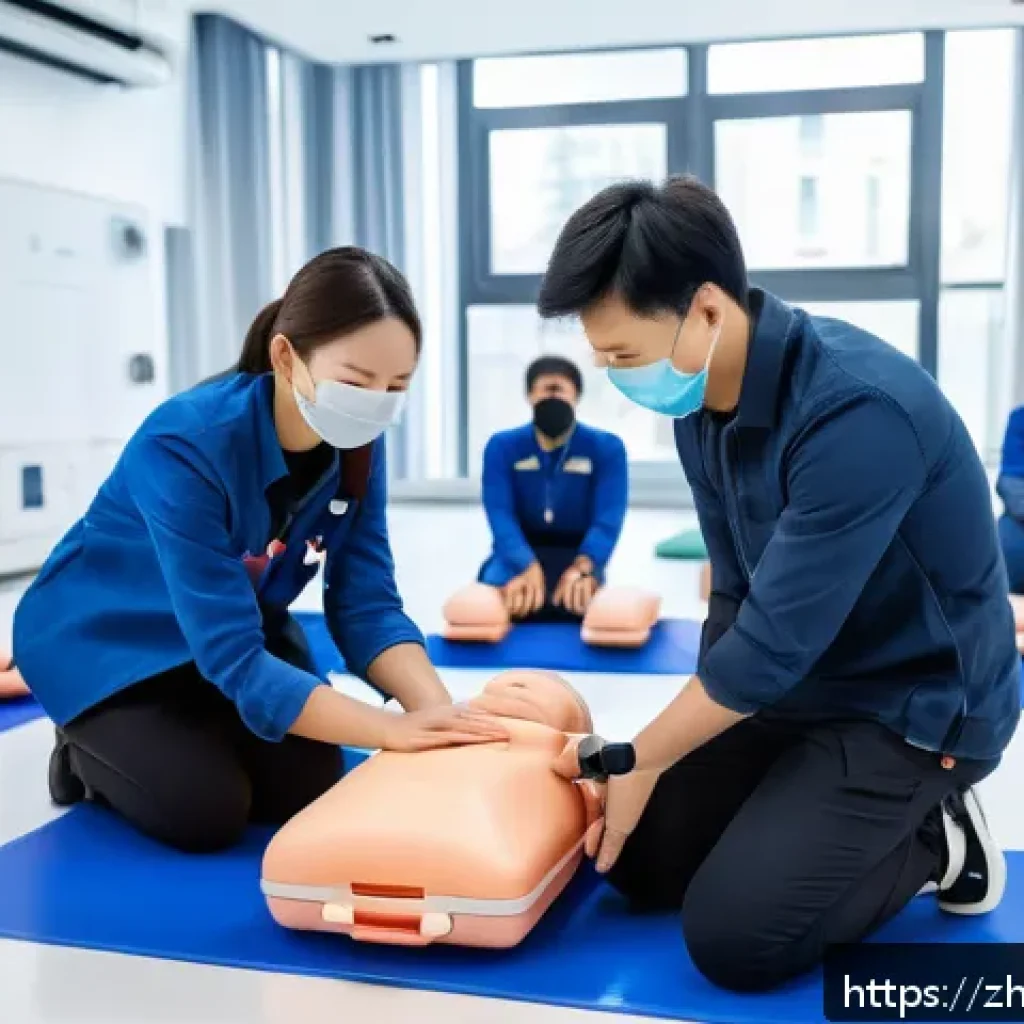 응급구조사 응급처치 강사 활동 - A professional first aid instructor demonstrating CPR techniques in a modern training classroom, usi...