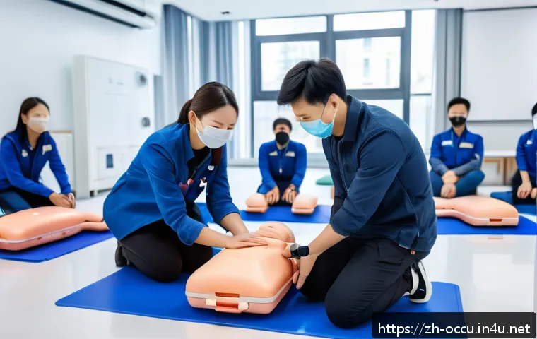 응급구조사 응급처치 강사 활동 - A professional first aid instructor demonstrating CPR techniques in a modern training classroom, usi...