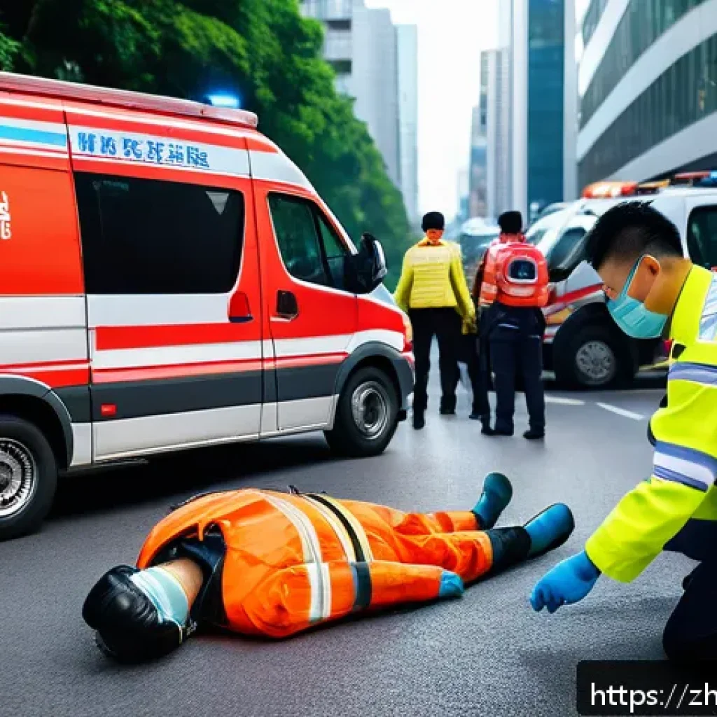 응급구조사 직무에서 중요한 자질 - A dynamic emergency rescue scene at a chaotic traffic accident site, featuring a professional parame...