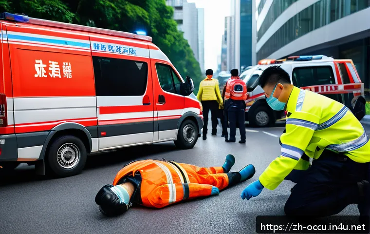 응급구조사 직무에서 중요한 자질 - A dynamic emergency rescue scene at a chaotic traffic accident site, featuring a professional parame...