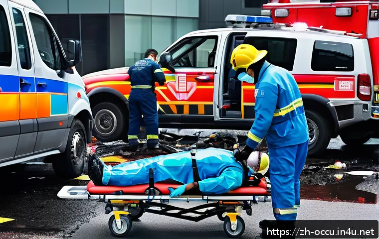 응급구조사 논문 리뷰 - A highly detailed scene of a professional paramedic team performing emergency rescue at a chaotic ca...