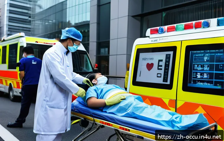 응급구조사와 업무 효율화 방안 - A high-tech emergency scene showing paramedics using compact wrist-worn heart rate and blood oxygen ...