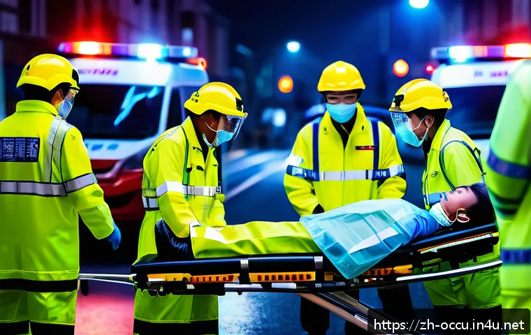 응급구조사 출동 에피소드 모음 - A tense emergency scene at a car accident on a busy city street, featuring professional paramedics w...