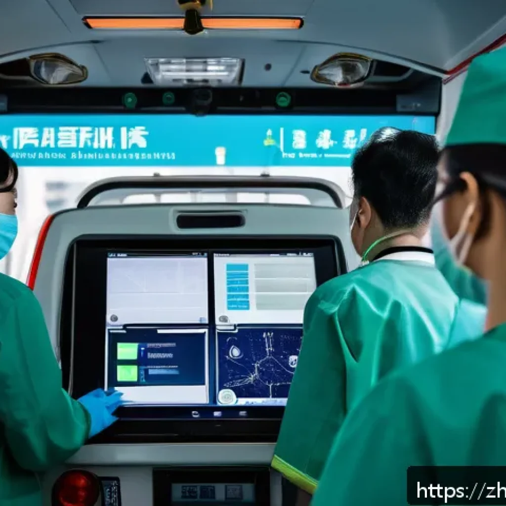 응급구조사와 환자 기록 관리 - A busy emergency medical team in a chaotic urban ambulance interior, focused on rapidly entering pat...