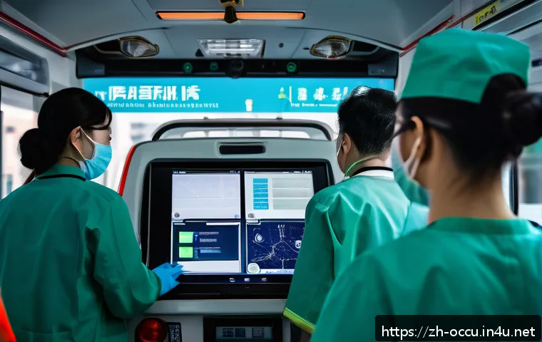 응급구조사와 환자 기록 관리 - A busy emergency medical team in a chaotic urban ambulance interior, focused on rapidly entering pat...