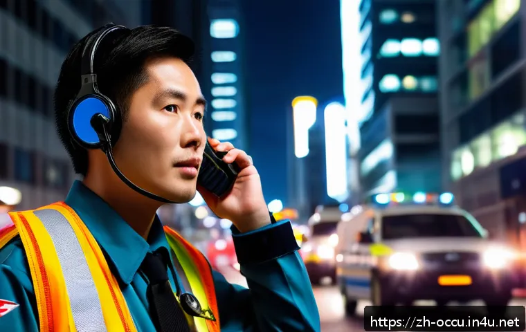 응급구조사와 무전기 사용 요령 - A detailed scene of an emergency medical responder using a handheld radio in a noisy urban environme...
