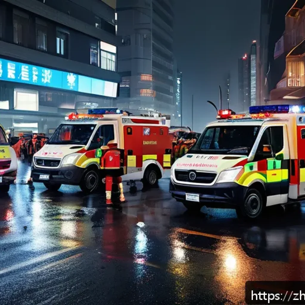 응급구조사와 출동 중 기록 관리 - A detailed emergency rescue scene at night with paramedics wearing appropriate uniforms and gloves, ...