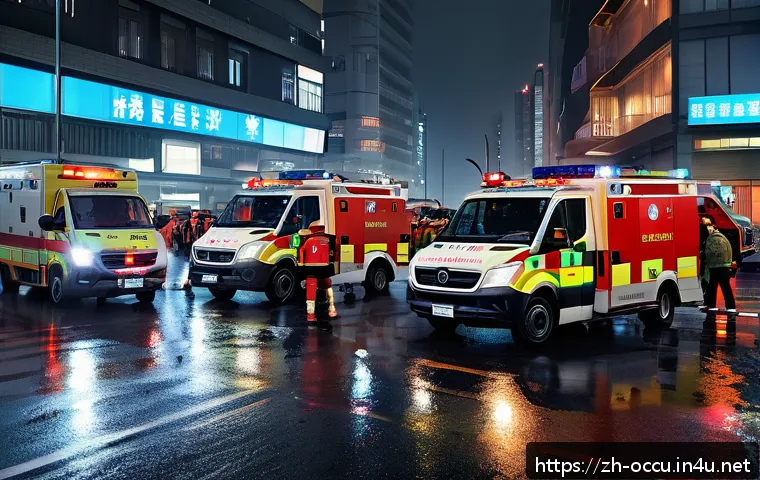 응급구조사와 출동 중 기록 관리 - A detailed emergency rescue scene at night with paramedics wearing appropriate uniforms and gloves, ...