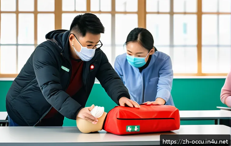 응급구조사 자가발전 응급처치 - A detailed, realistic scene showing a diverse group of adults participating in a community first aid...