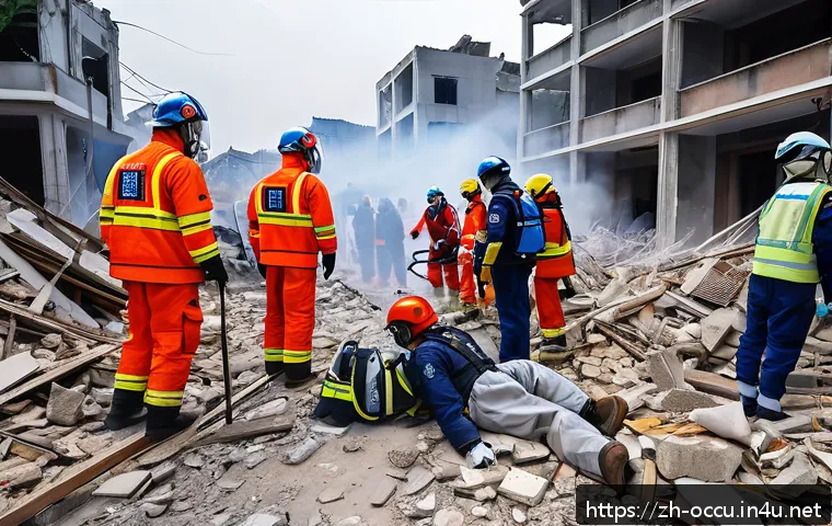 응급구조사와 대규모 사고 대응 - A disaster rescue scene set in an urban earthquake aftermath, showing emergency medical responders i...