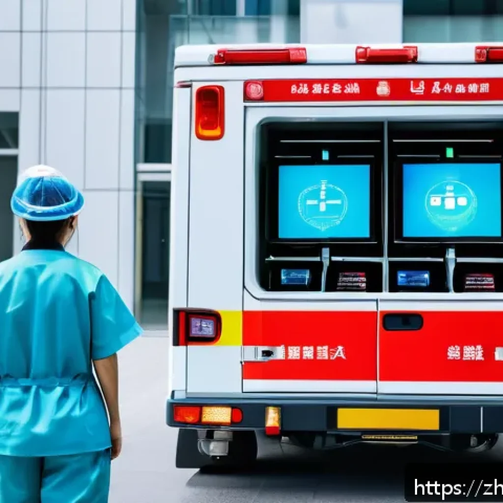 응급구조사와 병원내 응급센터 협력 - A high-tech emergency response scene showing paramedics wearing smart wearable devices and carrying ...