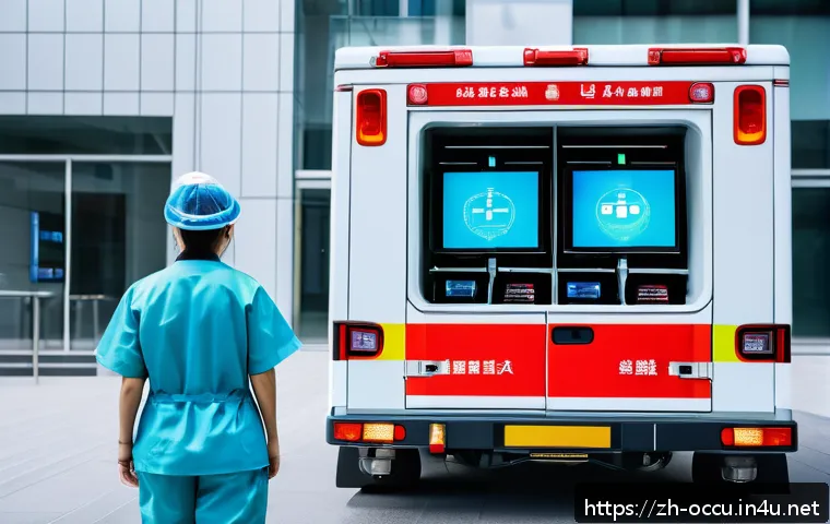 응급구조사와 병원내 응급센터 협력 - A high-tech emergency response scene showing paramedics wearing smart wearable devices and carrying ...