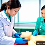 응급구조사 실습생 멘토링 사례 - A modern hospital emergency room scene showing a young medical intern wearing scrubs and a white lab...