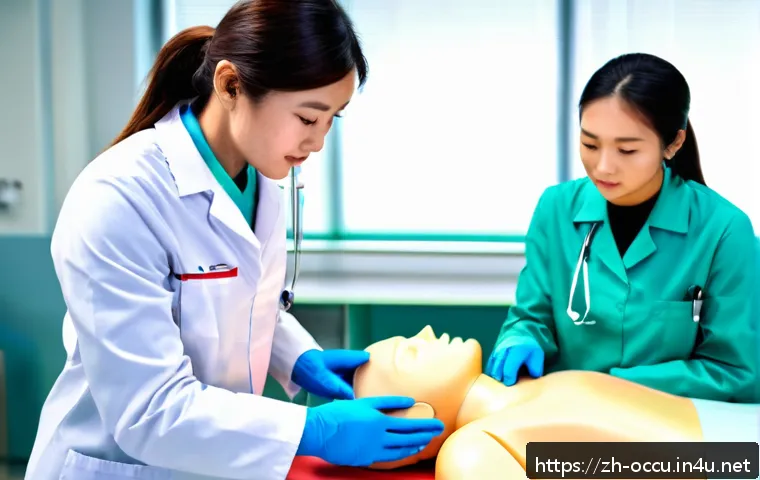 응급구조사 실습생 멘토링 사례 - A modern hospital emergency room scene showing a young medical intern wearing scrubs and a white lab...