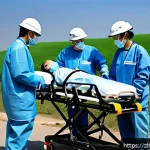응급구조사와 환자 이동 기술 - A detailed scene of a professional emergency medical team performing a spinal injury patient transfe...
