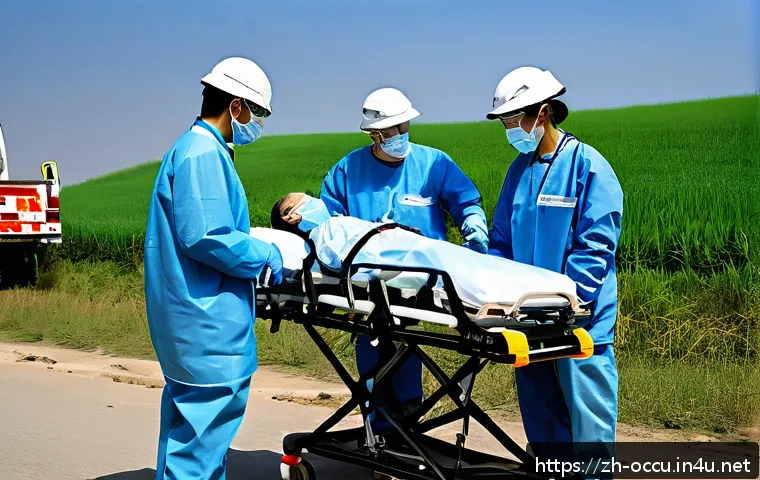 응급구조사와 환자 이동 기술 - A detailed scene of a professional emergency medical team performing a spinal injury patient transfe...